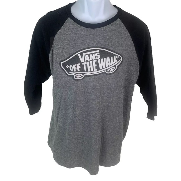 Vans‎ Off The Wall Mens Logo Half Sleeve Baseball Tee Size L Gray & Black Retro - Picture 1 of 6